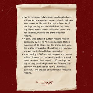 May include: A scroll of parchment with handwritten text advertising bespoke readings. The text describes readings focused on love, career, and life paths, with an emphasis on personalized, human-written content. The scroll is signed.