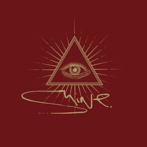 May include: A maroon graphic featuring a gold-coloured illustration of an eye within a triangle, with radiating lines. The word "Shine" is written in a cursive font below.