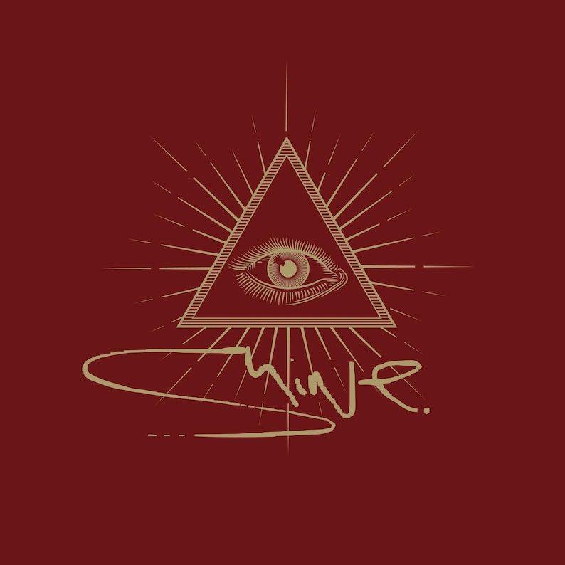 May include: A maroon graphic featuring a gold-coloured illustration of an eye within a triangle, with radiating lines. The word "Shine" is written in a cursive font below.