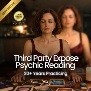 May include: An image promoting psychic readings. The text reads "Third Party Expose Psychic Reading" and "20+ Years Practicing." A woman in a burgundy dress is centered, with a blurred image of her in the background. The image includes a "Best Seller" banner and a "Premium Quality" badge.