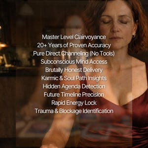 May include: A woman in a burgundy dress with closed eyes is the main subject. Text overlay lists services including Master Level Clairvoyance, 20+ Years of Proven Accuracy, and Pure Direct Channeling. The background is blurred and out of focus.