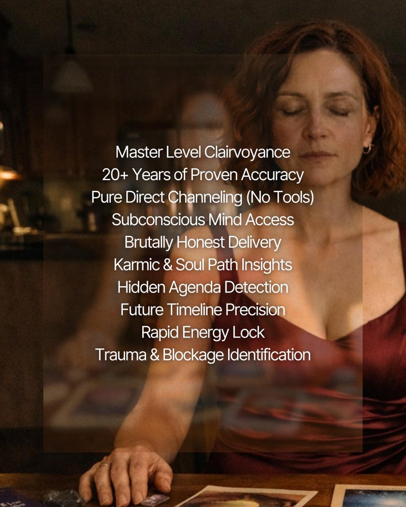 May include: A woman in a burgundy dress with closed eyes is the main subject. Text overlay lists services including Master Level Clairvoyance, 20+ Years of Proven Accuracy, and Pure Direct Channeling. The background is blurred and out of focus.