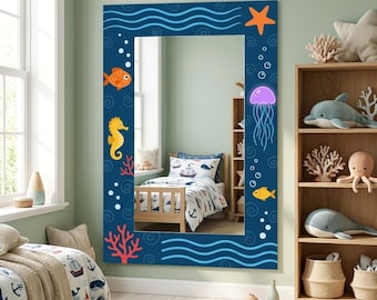Miroir ondulé animal rose, miroir de sol pour chambre de fille, décoration de chambre de bébé, miroir mural de salle de jeux de conte de fées, miroir pour enfants licorne irrégulière