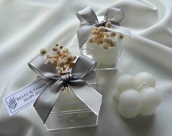 Personalized Wedding Favor Candle Box – Elegant Guest Gift – Bubble Candle – Custom Name Tag – Engagement & Bridal Shower Favors