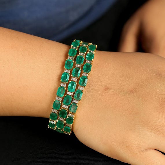 14K Gold Triple Row Emerald and Diamond Tennis Bracelet