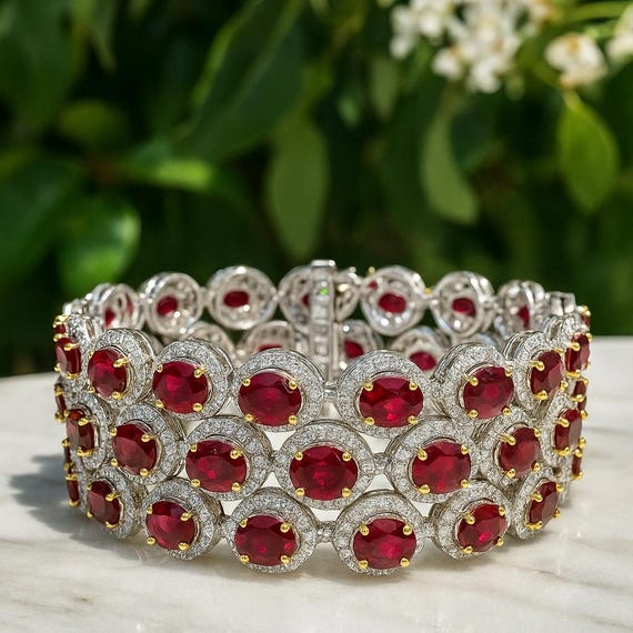 Ruby & Diamond Bracelet, 18K White Gold, Handmade Fine Jewelry