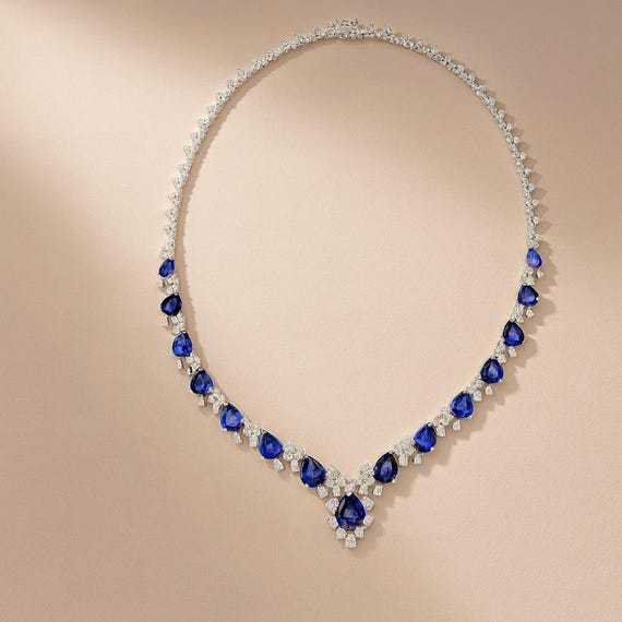 Handmade 18K White Gold Blue Sapphire Diamond Necklace | Bridal Jewelry