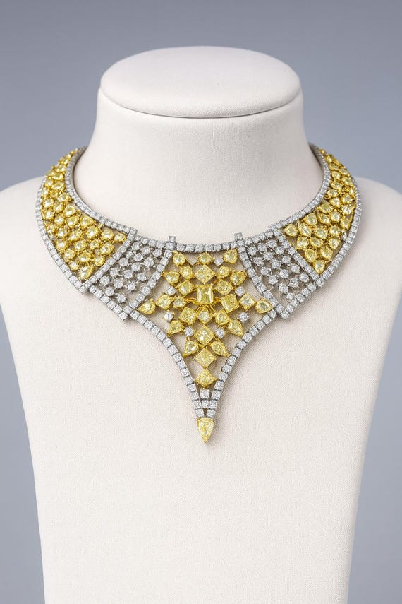 62.10Ct Diamond V-Shape Necklace – 18K Two-Tone Gold, Fancy Yellow & White Diamonds