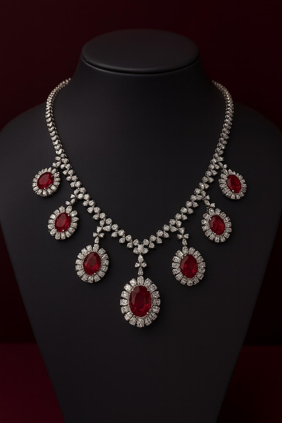 33.85 Carat Ruby & Diamond Necklace: 18K White Gold Luxury Jewelry