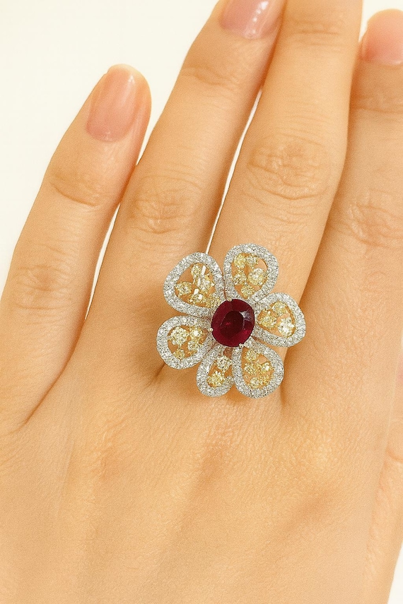 Handmade 18K Gold Ruby and Diamond Flower Ring