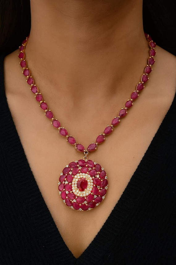 14K Yellow Gold Ruby and Diamond Statement Necklace - Bridal Jewelry