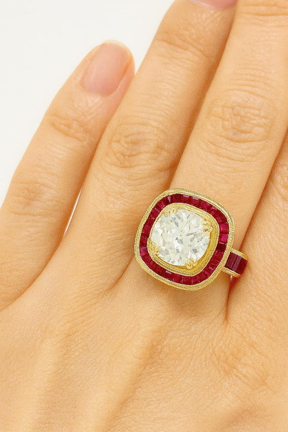 2.25Ct Old European Cut Diamond Ring: Ruby Halo, 18K Yellow Gold Art Deco Engagement