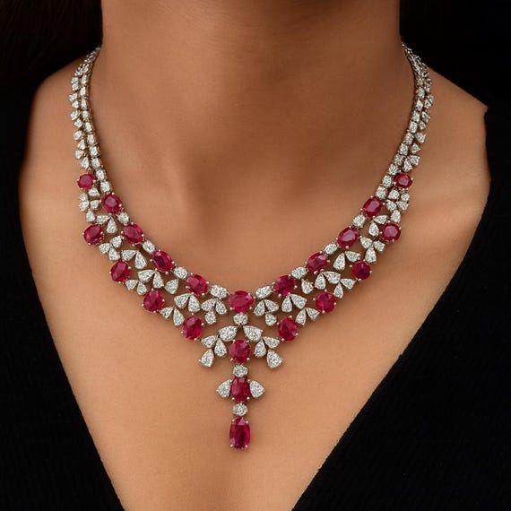 18K White Gold Pear Cut African Ruby Diamond Necklace: Bridal Jewelry
