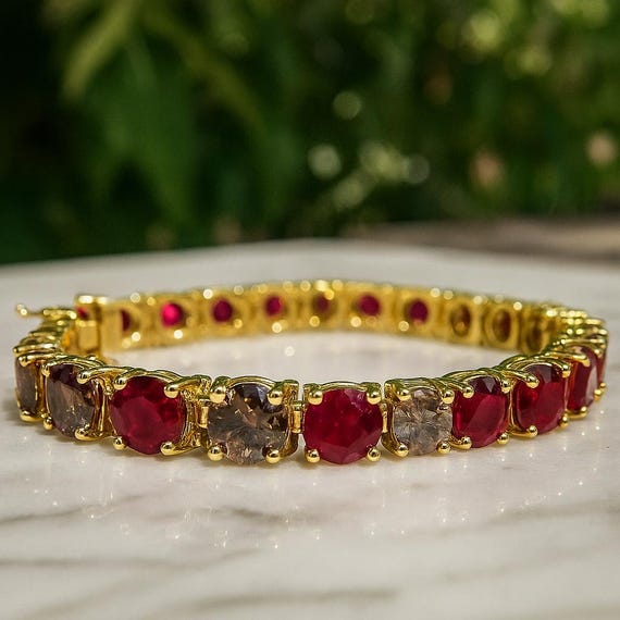 18K Gold Ruby & Cinnamon Diamond Tennis Bracelet