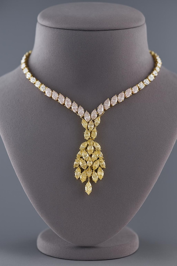 27.42CT Multi-Color Diamond Necklace | 18K Tri-Color Gold Leaf Tennis Necklace