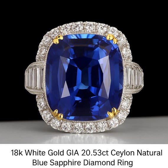 GIA Certified 20.53 Carat Ceylon Blue Sapphire Diamond Ring, 18K White Gold