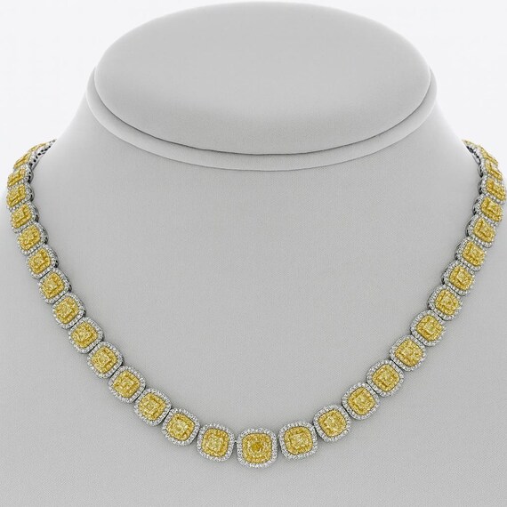 Handmade 23.60Ct Cushion Cut Diamond Eternity Necklace – 18K Gold, Canary Yellow