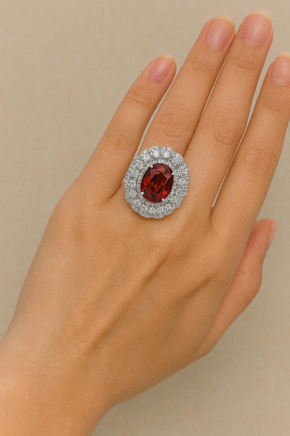 Oval Ruby Diamond Cocktail Ring, 18K White Gold Flower Ring