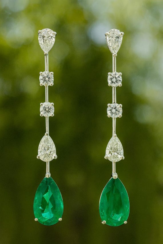 Platinum Drop Earrings: 13.64ct Natural Emerald & Diamond Dangle