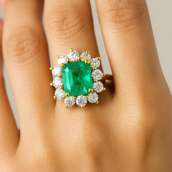 Emerald and Diamond Flower Ring: 18K Yellow Gold Statement Ring