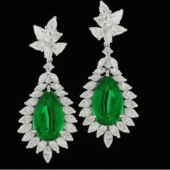24 Carat Pear Emerald Diamond Drop Earrings, 18K White Gold