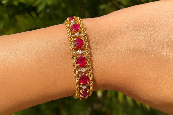 14K Yellow Gold Ruby Diamond Bracelet - Mid Century Fine Jewelry