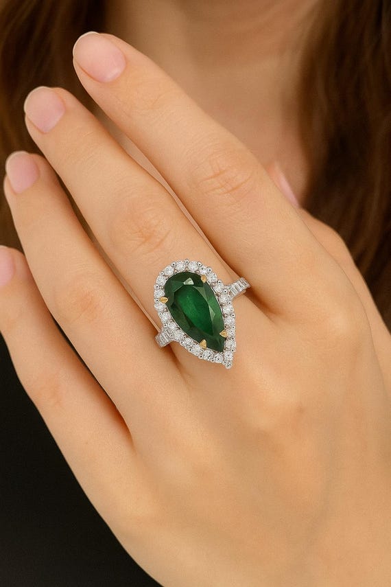Handmade 6.48Ct AAA Emerald and Diamond 18K White Gold Statement Ring