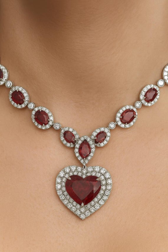 AAA Ruby & Diamond Tennis Necklace, 18K White Gold, Luxury 3D Design