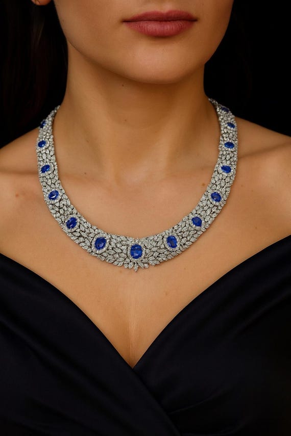 GIA 82.75 Carat Diamond & Ceylon Sapphire 18K White Gold Flower Necklace