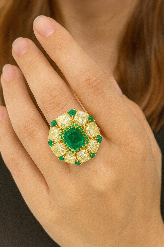 Handmade Emerald Cut Emerald & Diamond Ring - 18K Yellow Gold