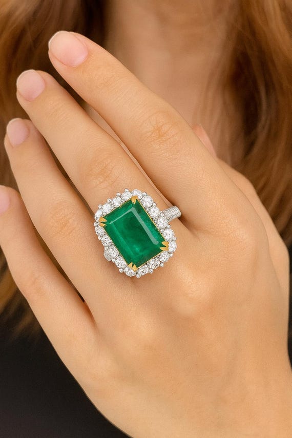 Emerald Cut 8.4Ct AAA Emerald and Diamond 18K Gold Ring