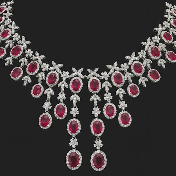 Ruby & Diamond Necklace, 18K White Gold Bridal Jewelry
