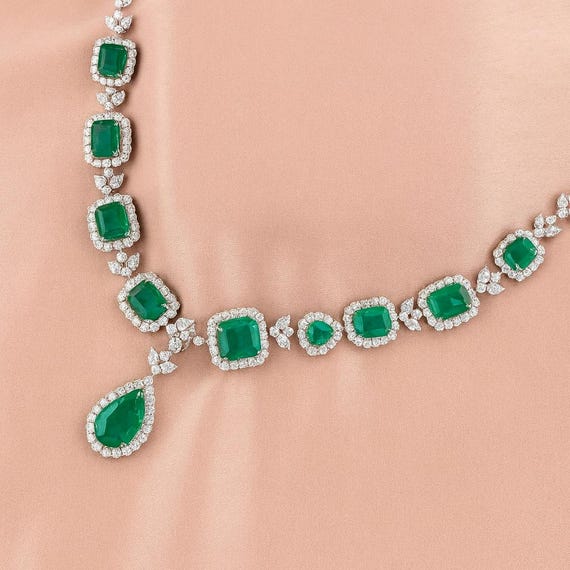 Emerald Diamond Lariat Necklace, 18K White Gold Bridal Jewelry