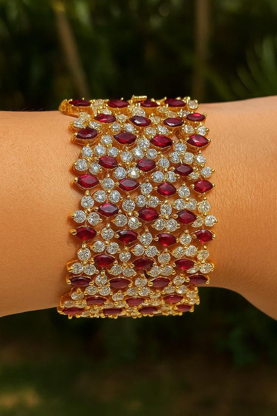 Ruby Diamond 14K Gold Cuff Bracelet, Fine Jewelry Statement Piece