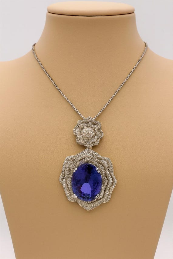 AAAA Tanzanite & Diamond Halo Necklace | 18K Solid Gold Statement Jewelry