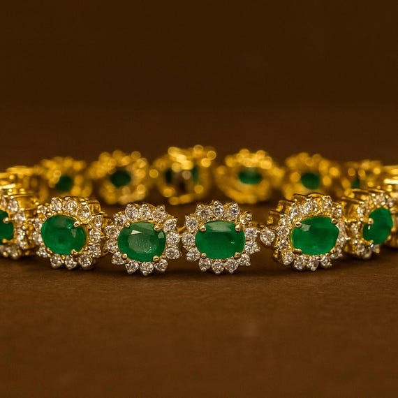Emerald & Diamond Bracelet, 18K Yellow Gold Tennis Bracelet