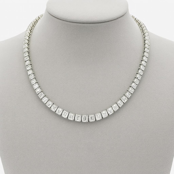 74cttw Emerald Cut Diamond Tennis Necklace | 18K White Gold Riviera, GIA Certified