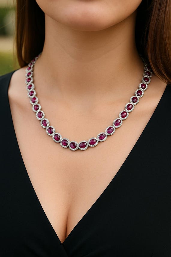 AAA Ruby Tennis Necklace, Diamond 18K White Gold Eternity Jewelry