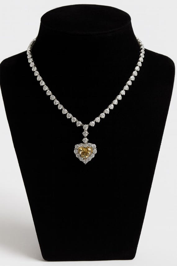 15.63Ct White & Canary Diamond Heart Tennis Necklace, 18K White Gold