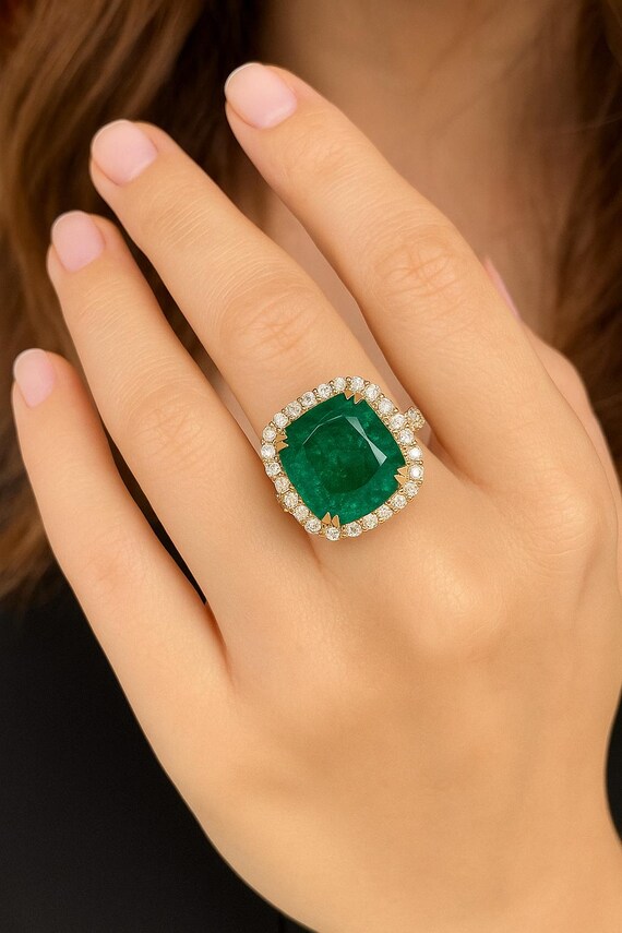 9.88Ct Green Emerald Cushion Cut Ring: 18K Yellow Gold Diamond Halo
