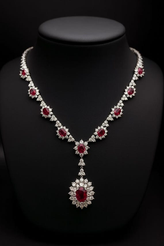 18K White Gold Ruby Diamond Necklace: 13.90Ct Oval Red Ruby Choker