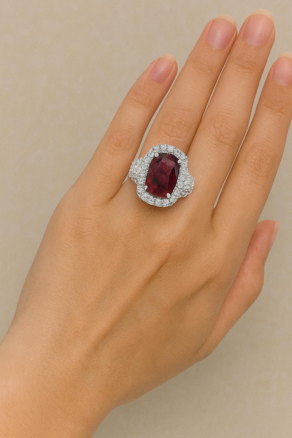 AAA Ruby Engagement Ring, Natural Diamonds, 18K White Gold