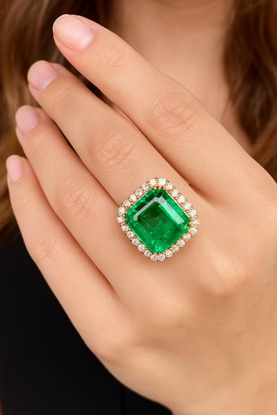 Handmade 20.89Ct Zambian Emerald Ring: 18K Yellow Gold Diamond Halo