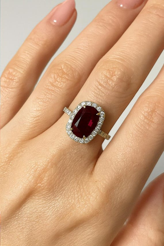 Oval Ruby Diamond Halo Ring: 18K Yellow Gold Statement Jewelry