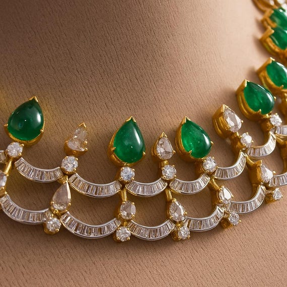 18K Yellow Gold Emerald Diamond necklace handmade jewelry gift for woman