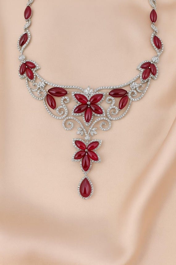Red Ruby Necklace, 18K White Gold Floral Statement Jewelry