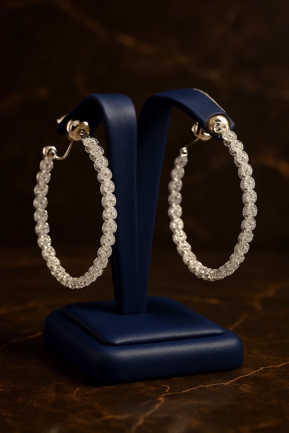 18K White Gold Diamond Hoop Earrings, 20.15 TCW, Handmade