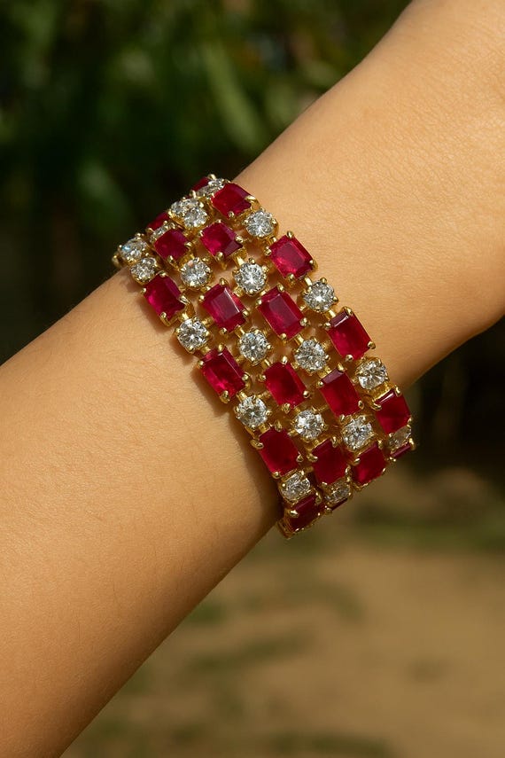 Handmade 18K Gold Ruby Diamond Cuff Bracelet, Fine Jewelry