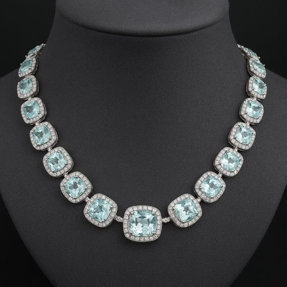 Aquamarine Diamond Necklace | 14K White Gold, Cushion Cut Statement Jewelry