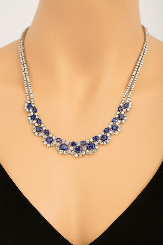 18K Gold Diamond & Ceylon Sapphire Necklace, Italian Design